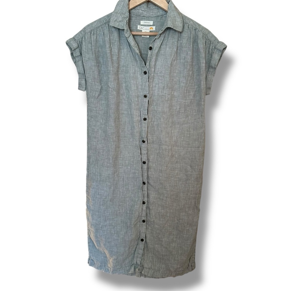 C&C California 100% Linen Shirt Dress Button Down Sage Green Midi Sz S